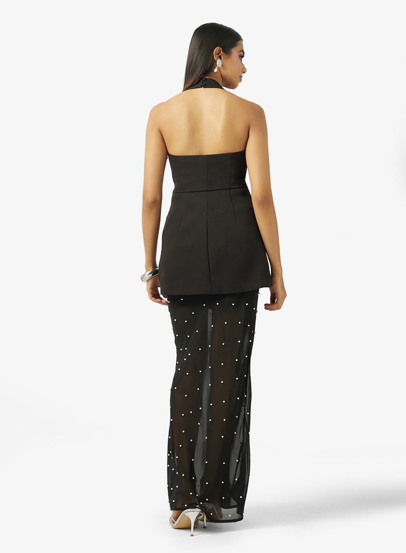 Style Cheat Halter Slip Pearl Dress in Black - Image 2